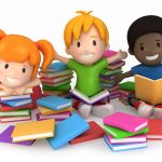 3D Render of Kids Surrounded by Books